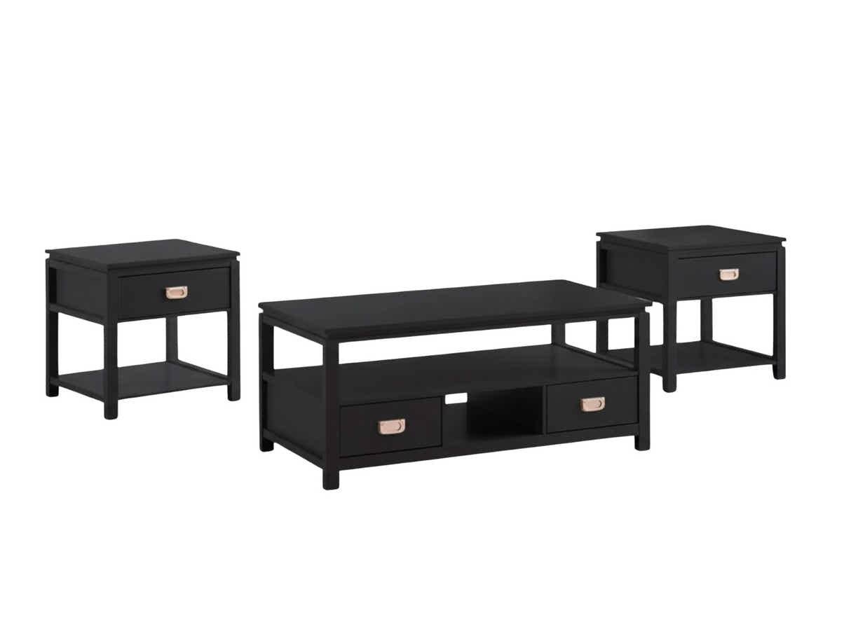 3-Piece Solid Wood Coffee Table Set - Black