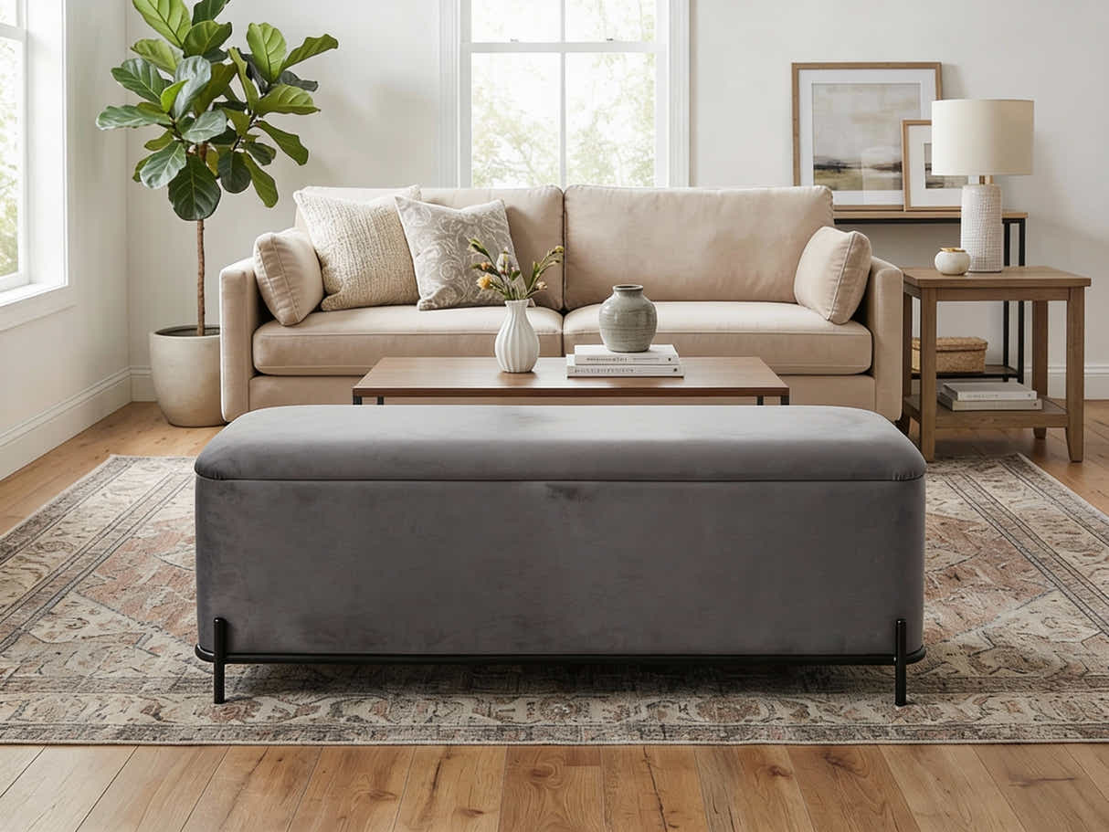 Delani Velvet Ottoman Bench With Storage - Charcoal
