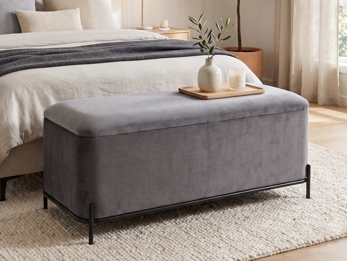 Delani Velvet Ottoman Bench With Storage - Charcoal