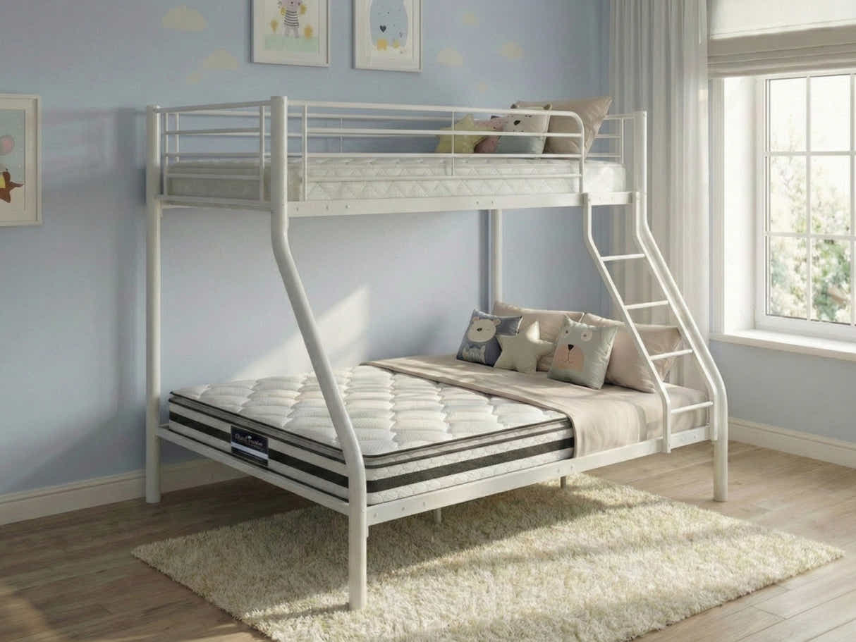 Metal Triple Bunk Bed - White & Bon10 Single + Bon21 Double Mattresses