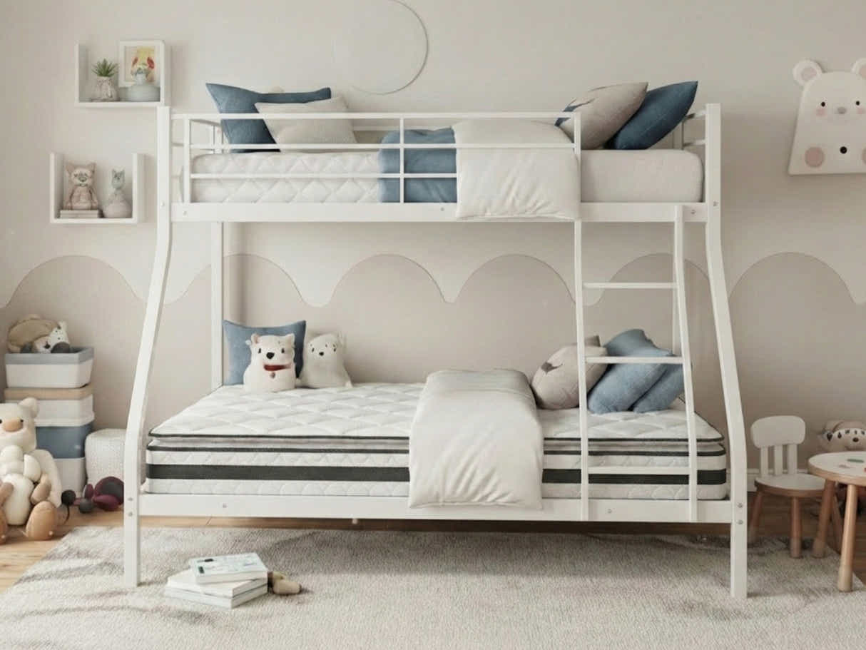 Metal Triple Bunk Bed - White & Bon15 Single + Bon21 Double Mattresses
