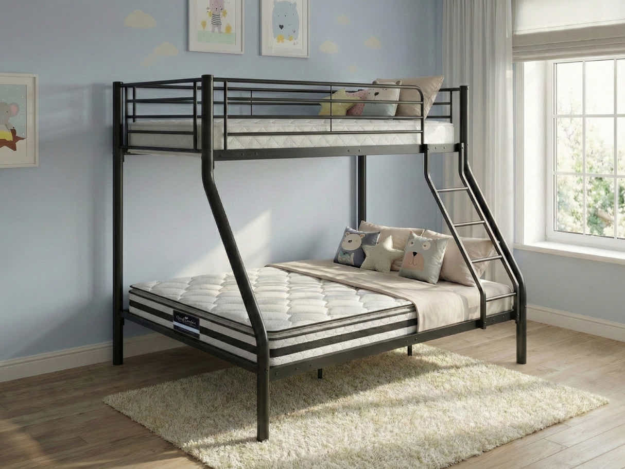 Metal Triple Bunk Bed - Black & Bon10 Single + Bon21 Double Mattresses