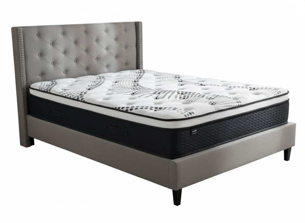 New Lisbeth Bed Frame Grey & Euro Top Mattress J32 - Queen