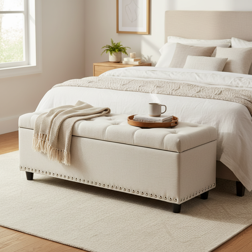 Toby Linen Ottoman Bench with Storage - Beige