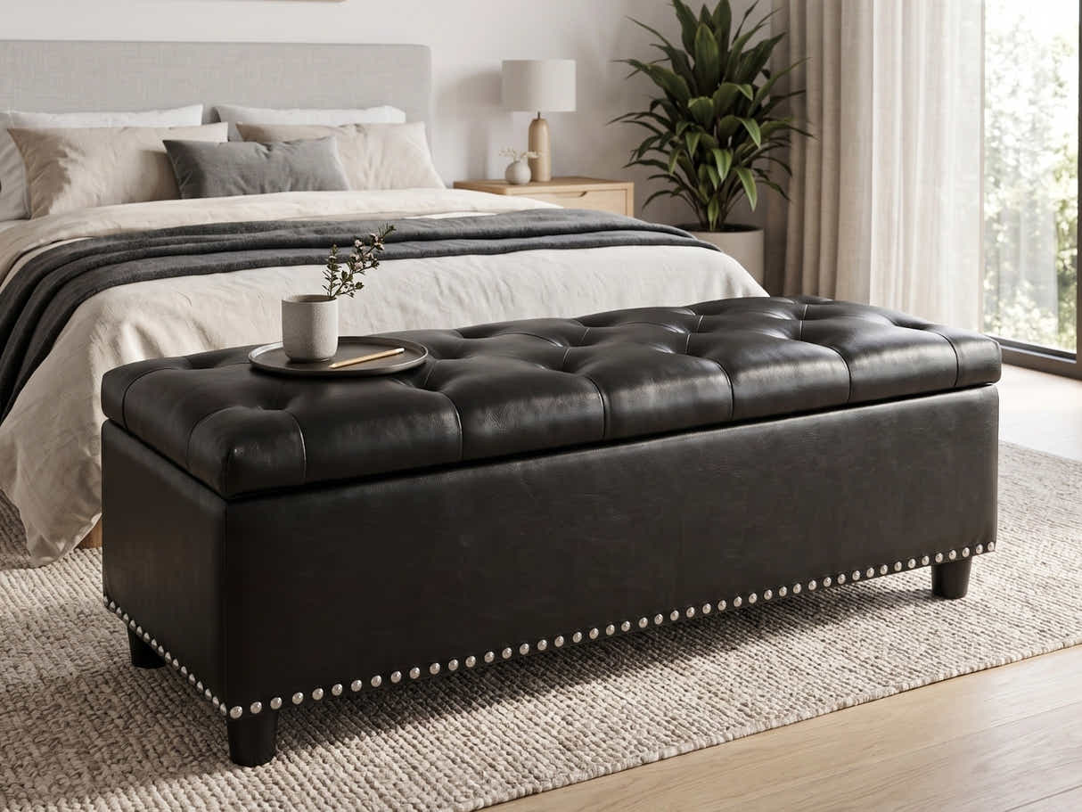 Toby PU Leather Ottoman Bench with Storage - Black