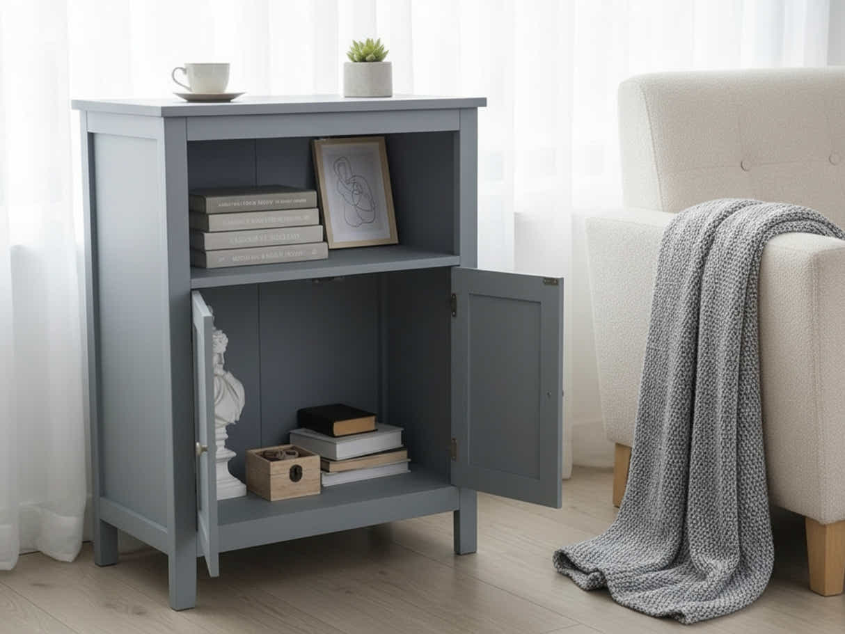 2-Door Rattan Storage Cabinet - Grey