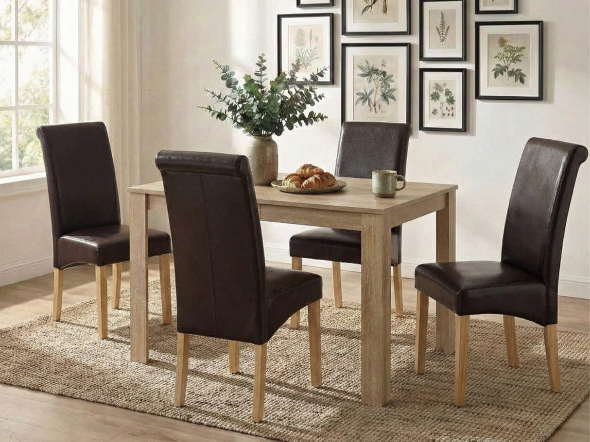 Skog Wooden Dining Table - 120 cm & Giesle PU Dining Chair Dark Brown - Set of 4