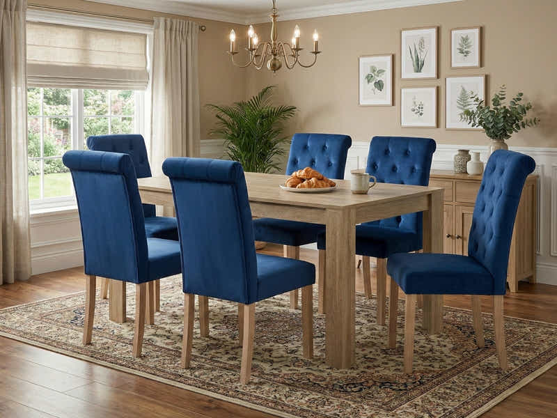 Skog Wooden Dining Table - 160 cm & Natalie Linen Dining Chair Blue x6