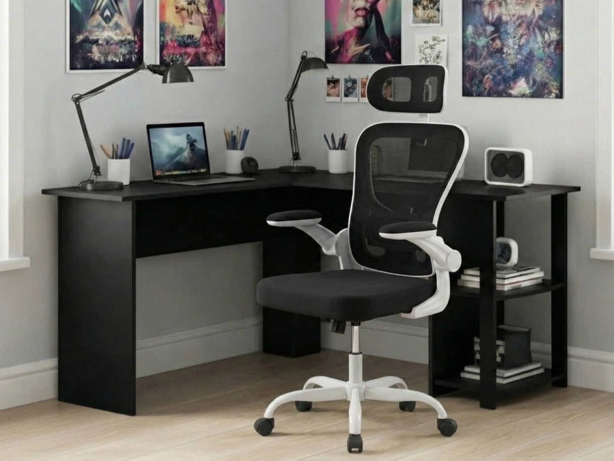 Korr Corner Office Desk & Molina Mesh Task Chair White+Black