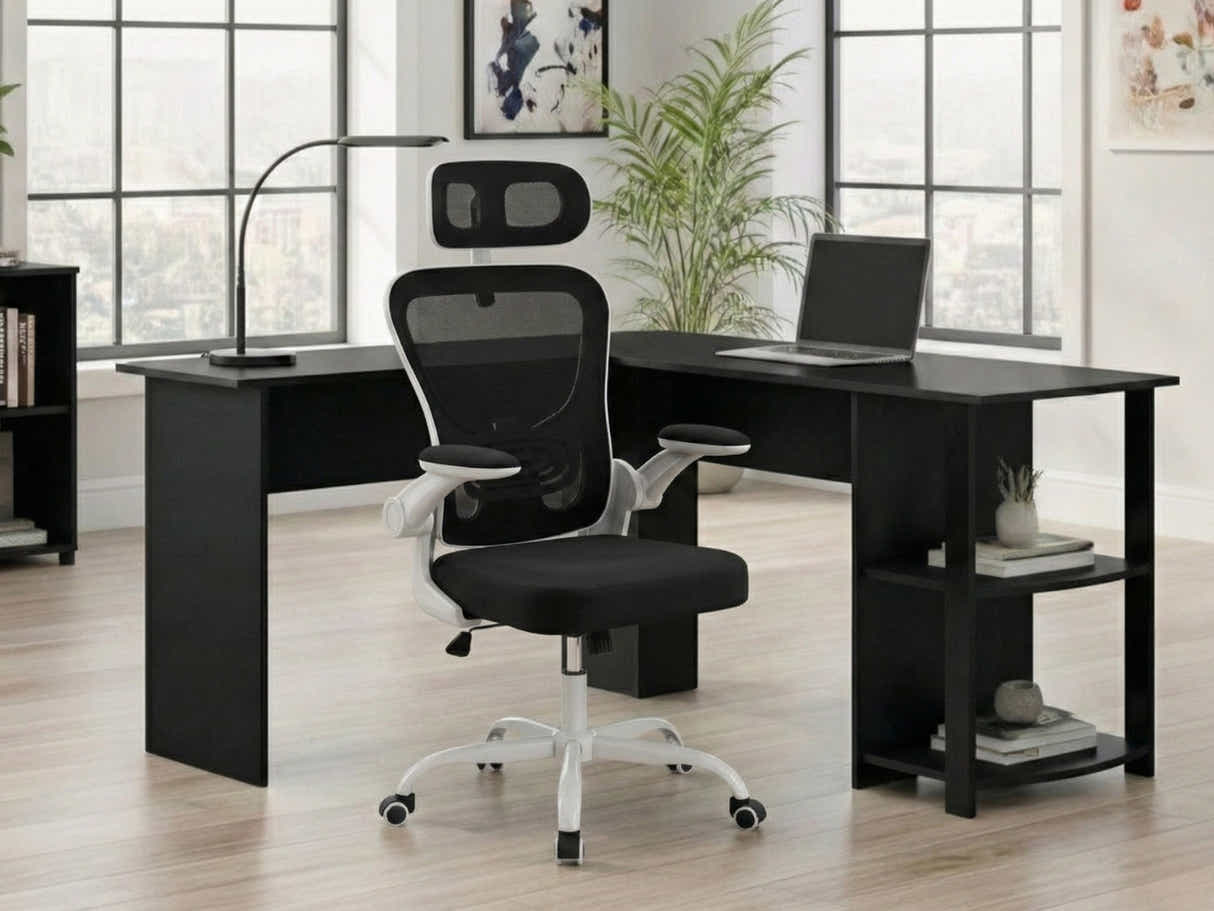 Korr Corner Office Desk & Molina Mesh Task Chair White+Black
