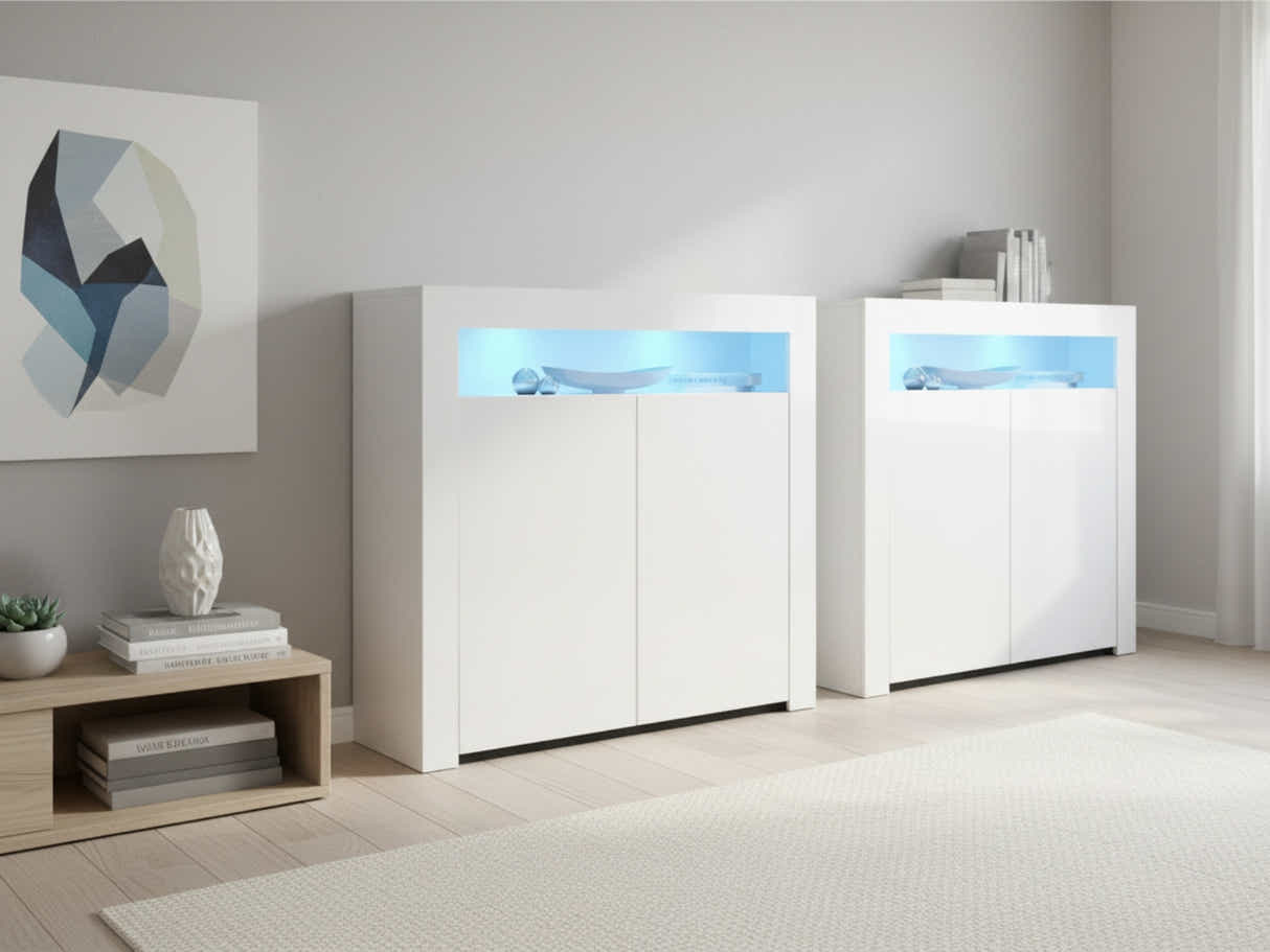 Glansig White 2-Door Buffet with LED Light - Set of 2