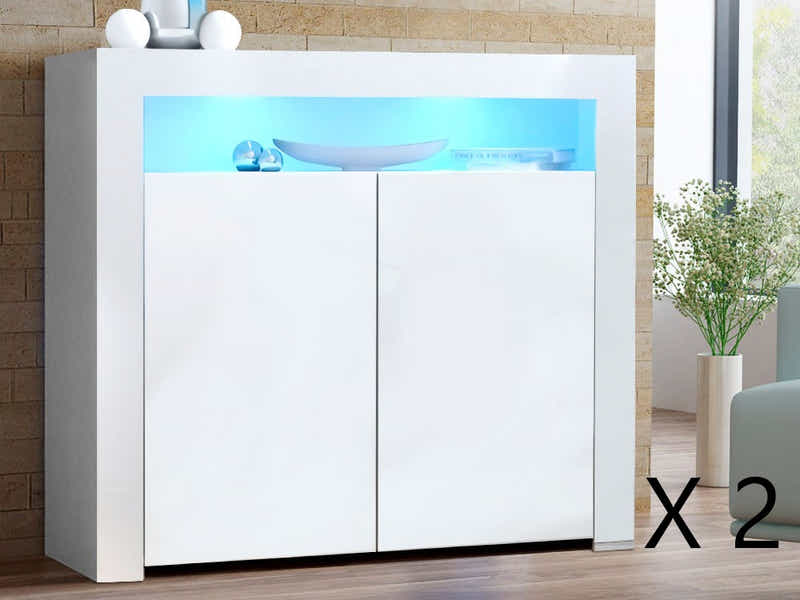 Glansig White 2-Door Buffet with LED Light - Set of 2