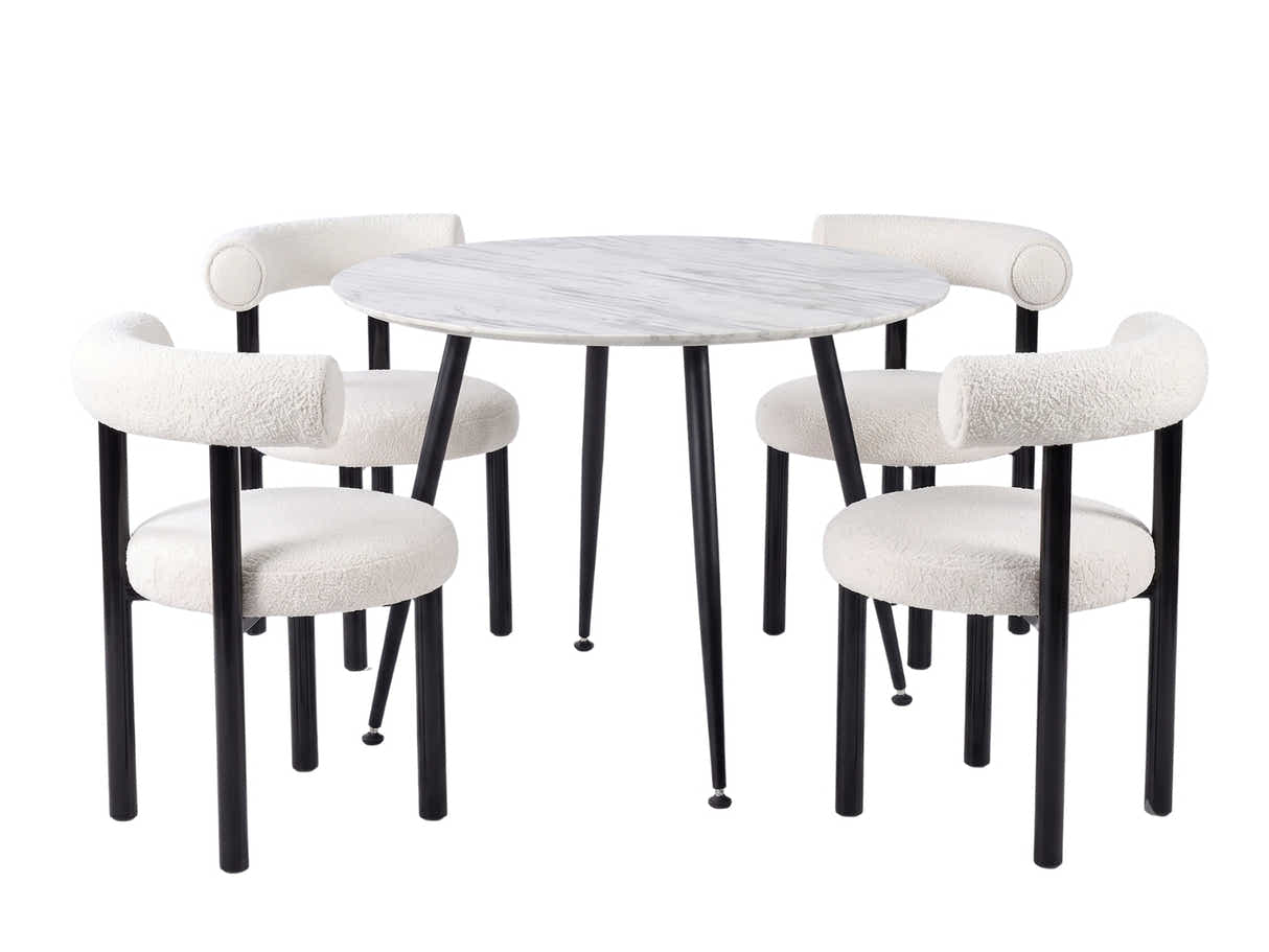 Fernando Round Dining Table with MDF Top 90 cm & Boucle Velvet Dining Chair White - Set of 4