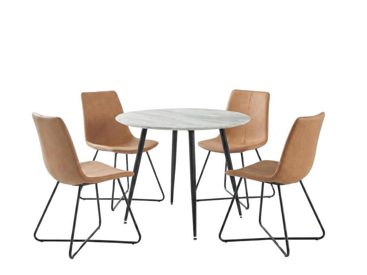 Fernando Round Dining Table with MDF Top - 90 cm & Walnut Bonded Leather Dining Chair - Set of 4
