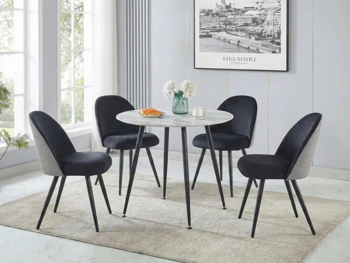 Fernando Round Dining Table with MDF Top - 90 cm & Fernando Dining Chair with Houndstooth - Set of 4