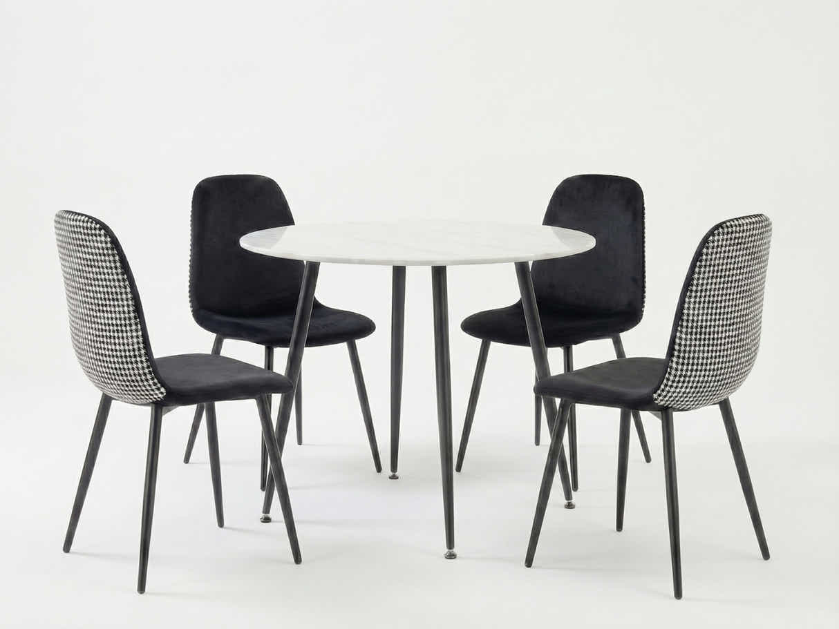 Fernando Round Dining Table with MDF Top - 90 cm & Axis Velvet Dining Seat x4 Houndstooth New