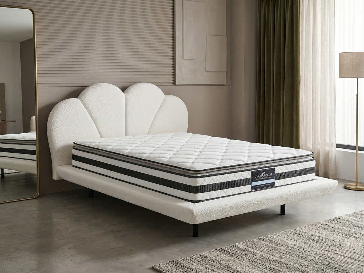 Joleen Boucle Bed Frame Cream & Bon21 Mattress - Queen