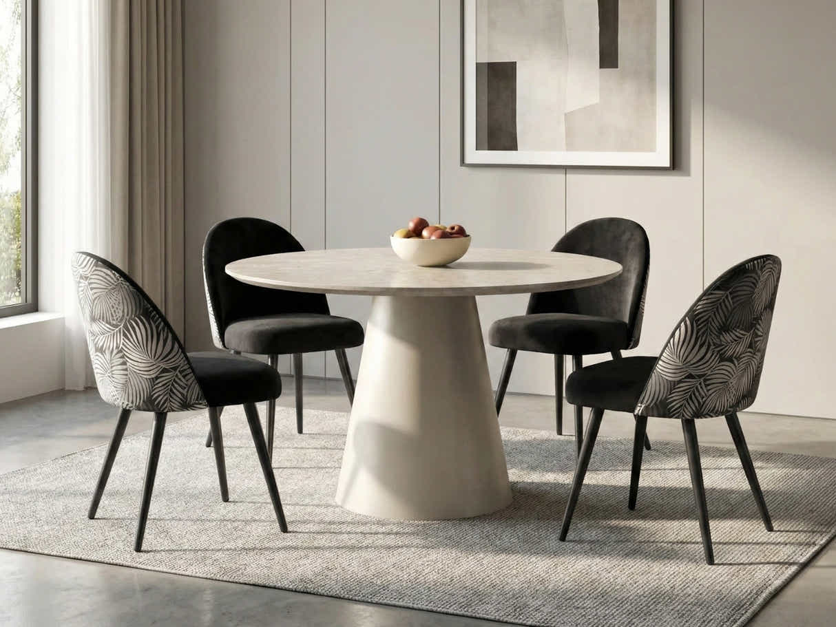 Kaila Round Dining Table - 120 cm & Fernando Dining Chair with Fern Pattern - Set of 4