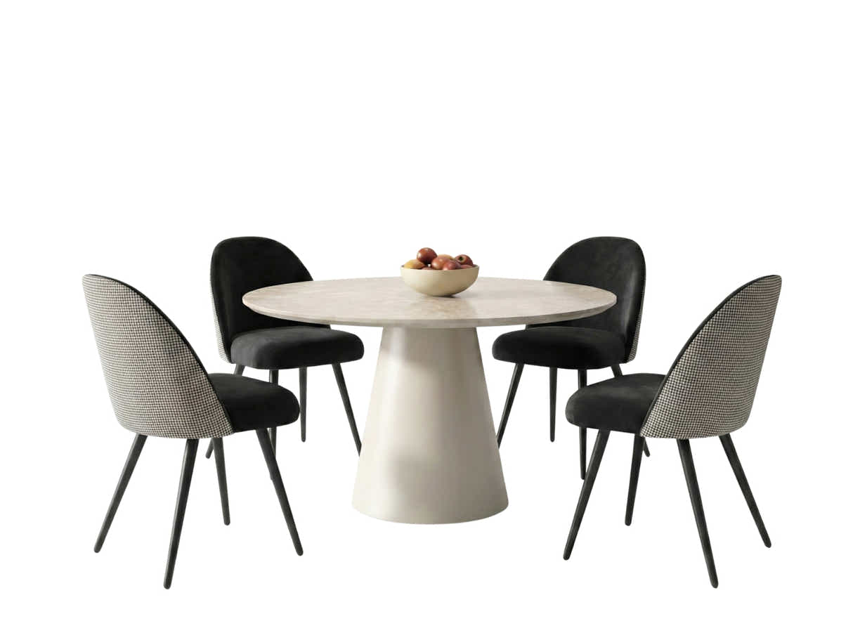 Kaila Round Dining Table - 120 cm & Fernando Dining Chair with Houndstooth - Set of 4