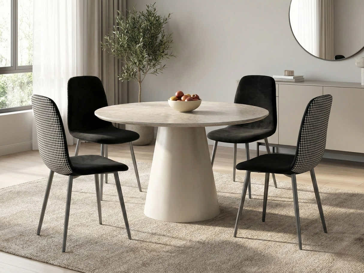 Kaila Round Dining Table - 120 cm + Axis Velvet Dining Seat x4 Houndstooth New