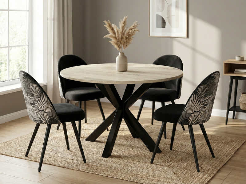 Elsie Round Dining Table - 110 cm & Fernando Dining Chair with Fern Pattern - Set of 4 (Combo)