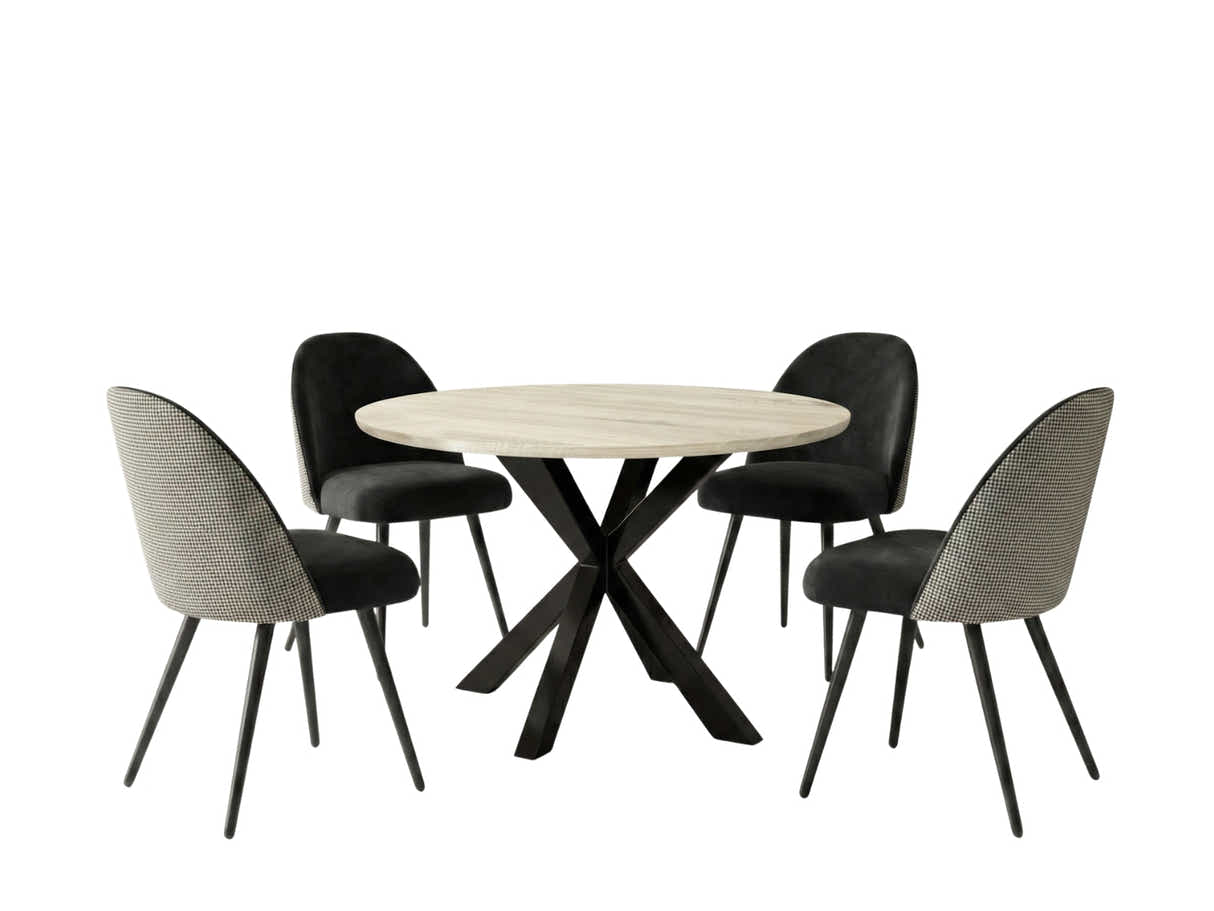 Elsie Round Dining Table - 110 cm & Fernando Dining Chair with Houndstooth - Set of 4