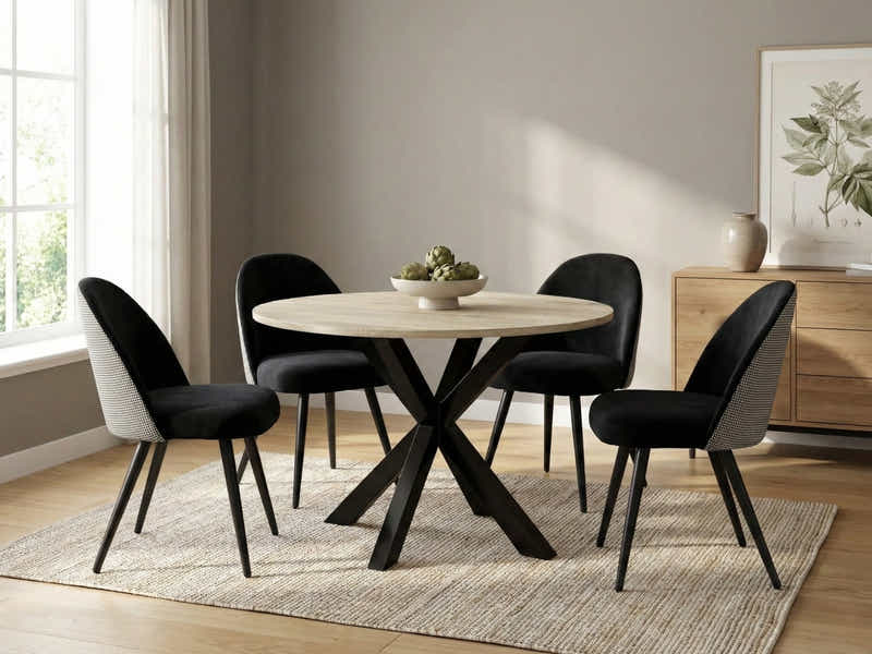 Elsie Round Dining Table - 110 cm & Fernando Dining Chair with Houndstooth - Set of 4 (Combo)