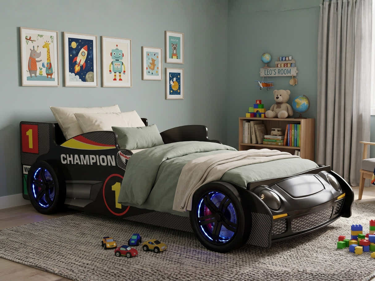 Racing Car Bed Frame with LED Lights Black - Single