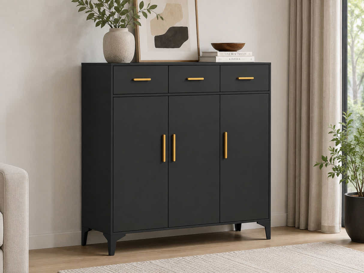 Lonna Steel 3-Door Shoe Cabinet With Drawers - Black