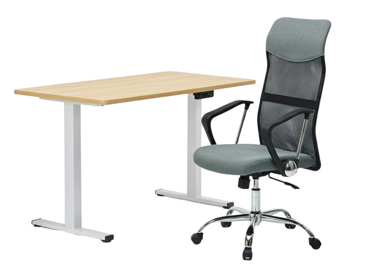 Height Adjustable Desk Set LK Oak & Meshmallow Office Chair 001 grey