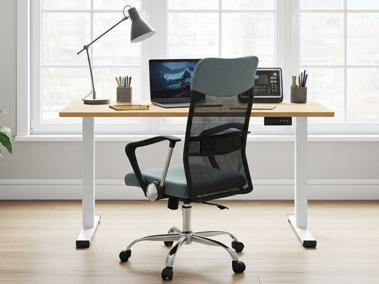 Height Adjustable Desk Set LK Oak & Meshmallow Office Chair 001 grey