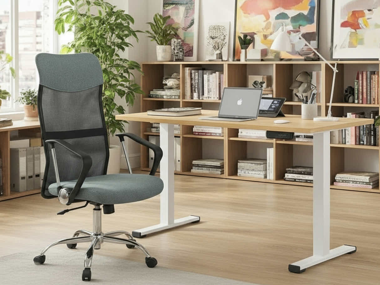 Height Adjustable Desk Set LK Oak & Meshmallow Office Chair 001 grey