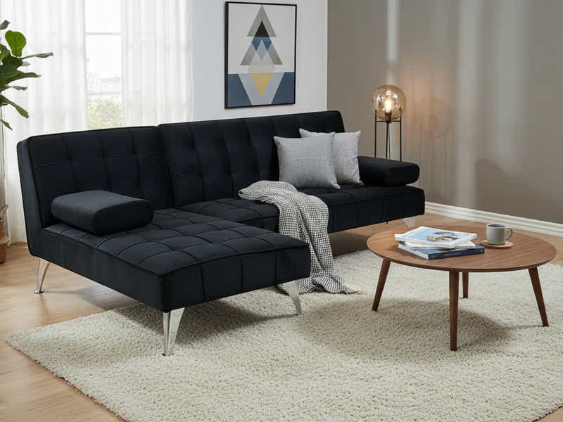 Keren Velvet L-Shape Sofa Bed - Black