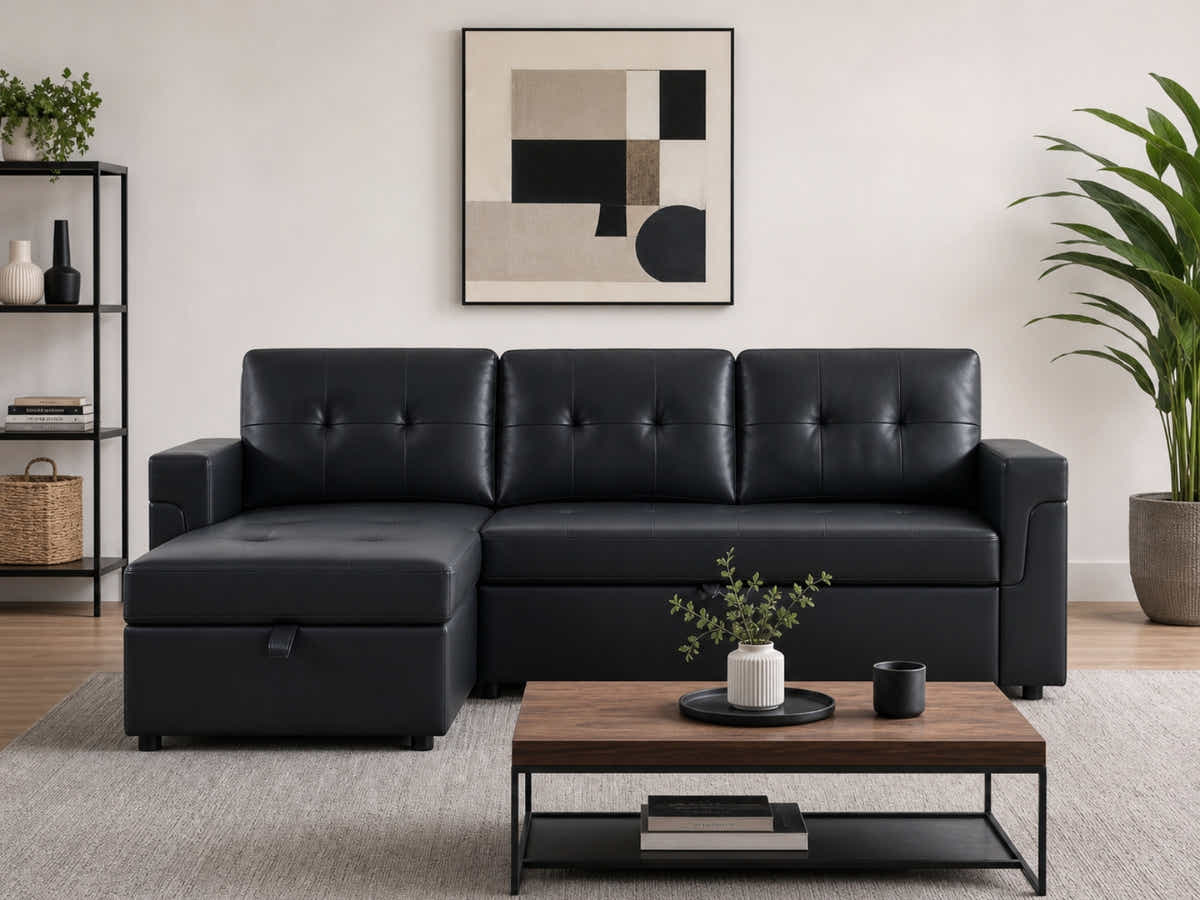 Auden Pull Out Sofa Bed with Storage Chaise PU - Black