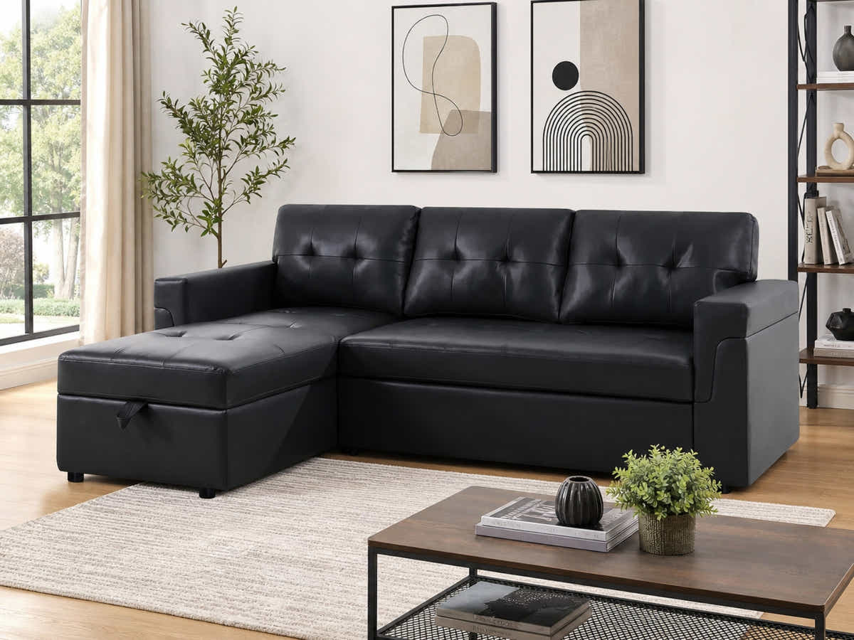 Auden Pull Out Sofa Bed with Storage Chaise PU - Black