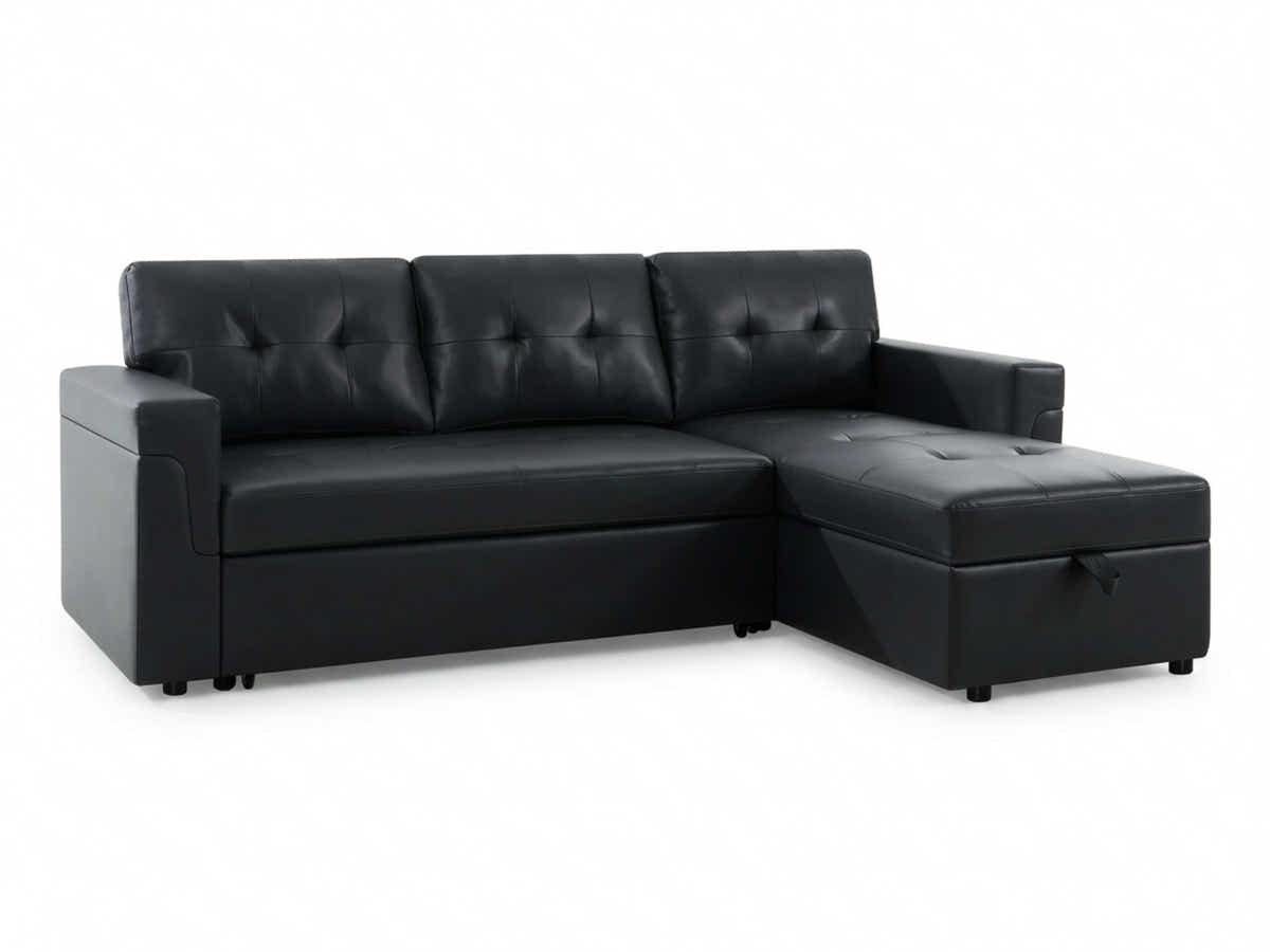 Auden Pull Out Sofa Bed with Storage Chaise PU - Black