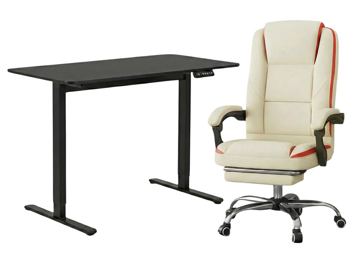 Height Adjustable Desk Set LK All Black & Siena Executive Office Chair PU Beige