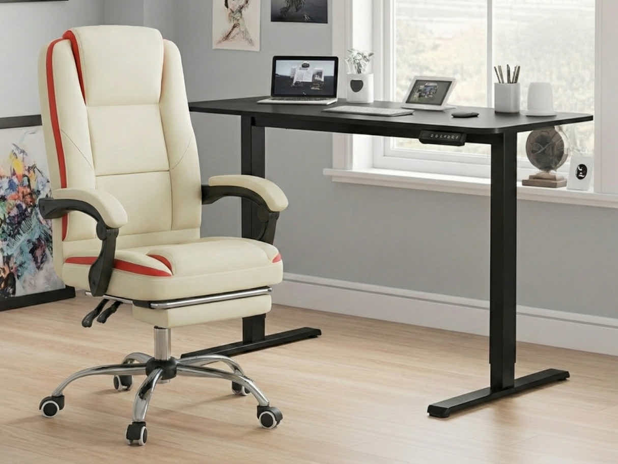 Height Adjustable Desk Set LK All Black & Siena Executive Office Chair PU Beige