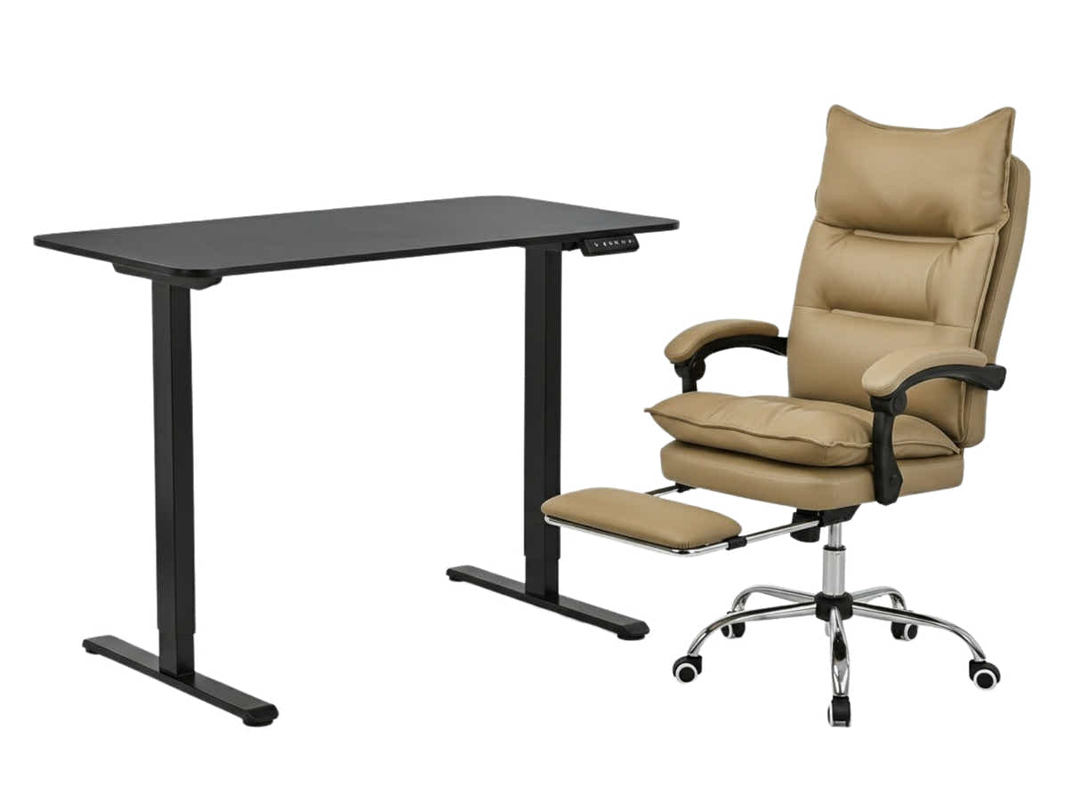 Height Adjustable Desk Set LK All Black & New Markus Office Chair with Footrest PU Khaki