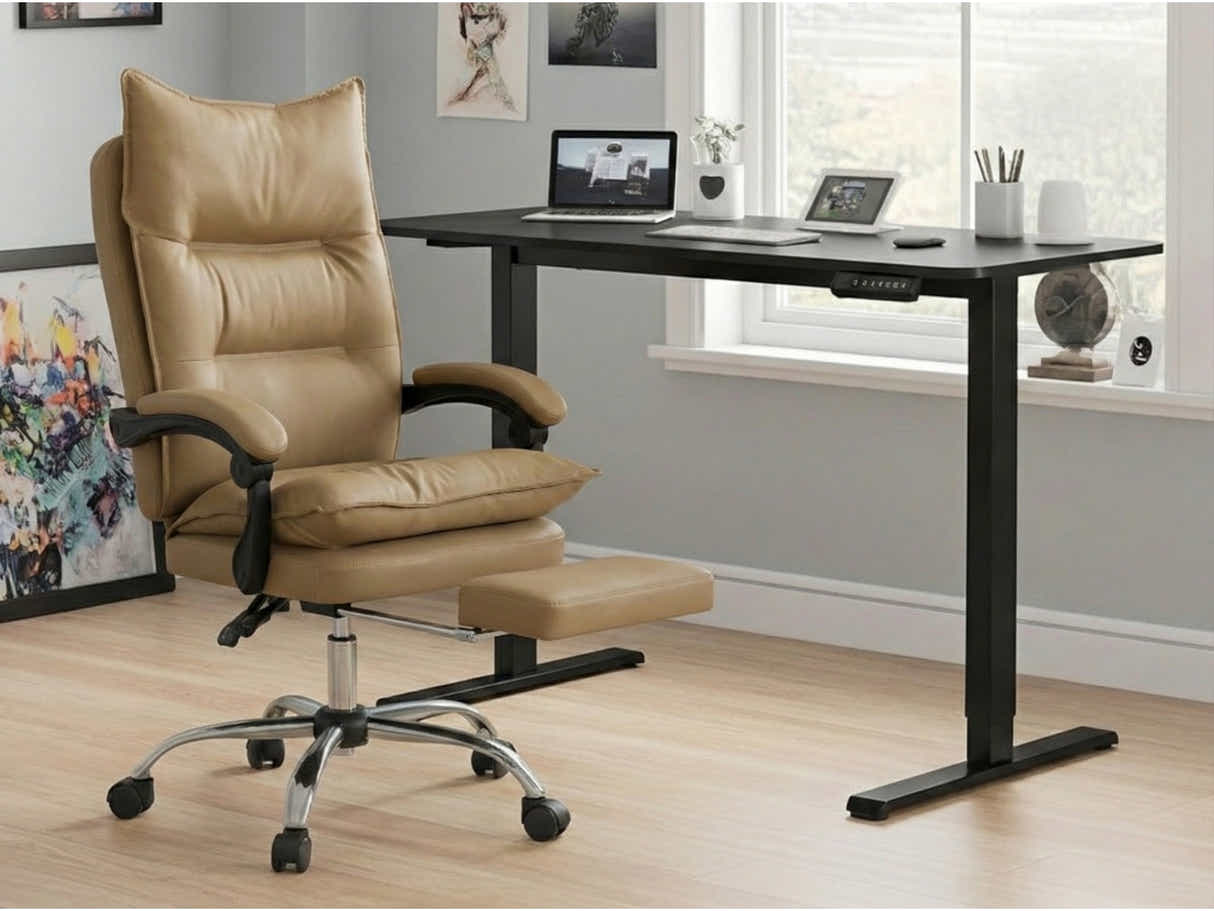 Height Adjustable Desk Set LK All Black & New Markus Office Chair with Footrest PU Khaki