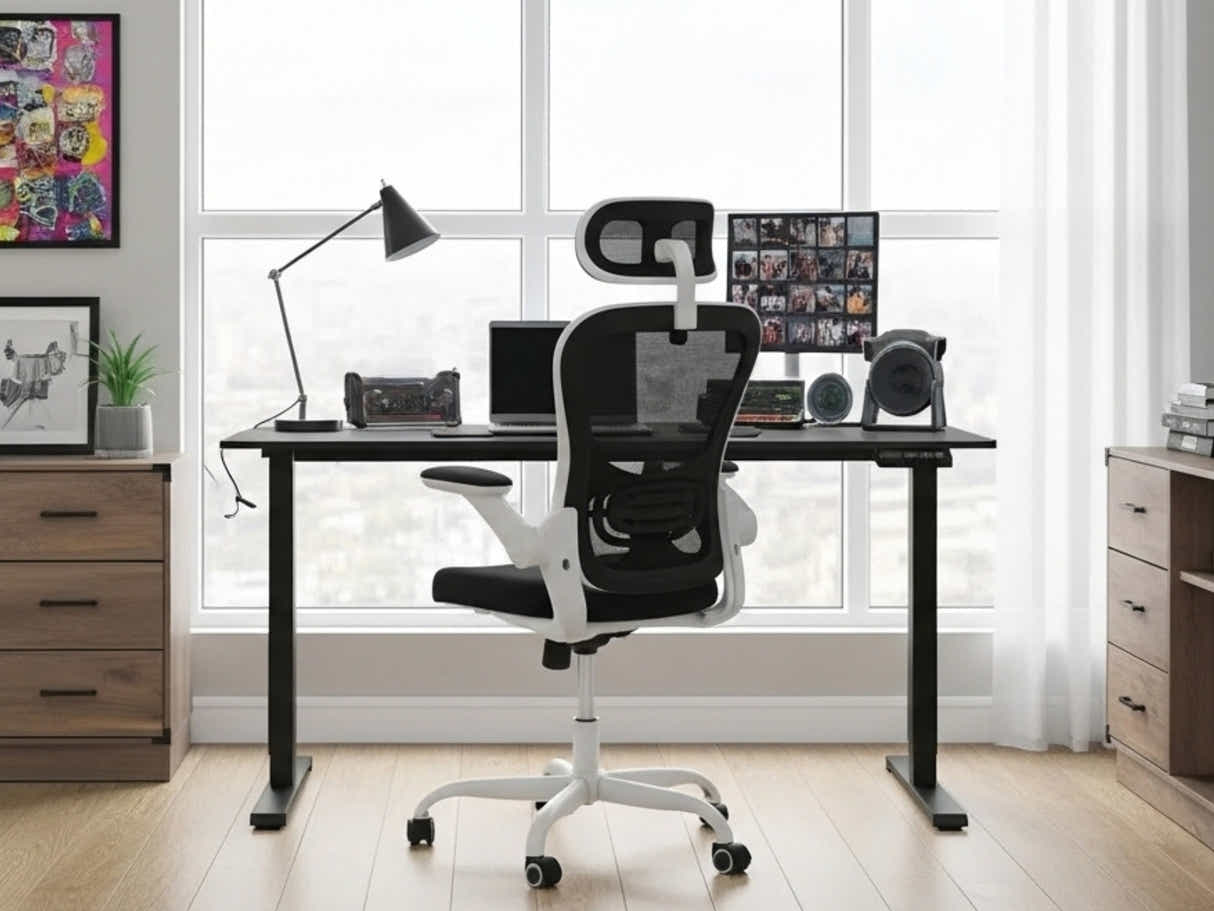 Height Adjustable Desk Set LK All Black & Molina Mesh Task Chair White+Black