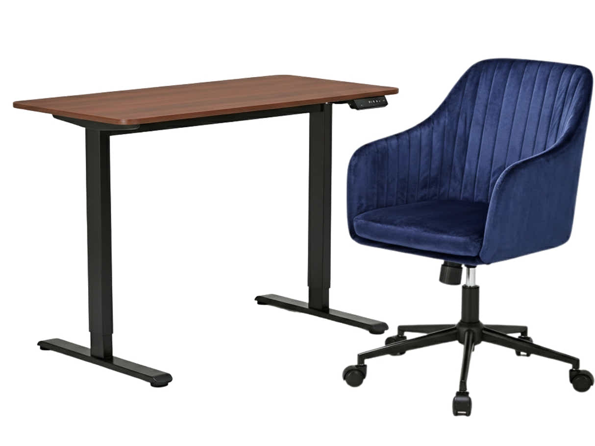 Height Adjustable Desk Set LK walnut Black & Lilac Office Chair Velvet Blue