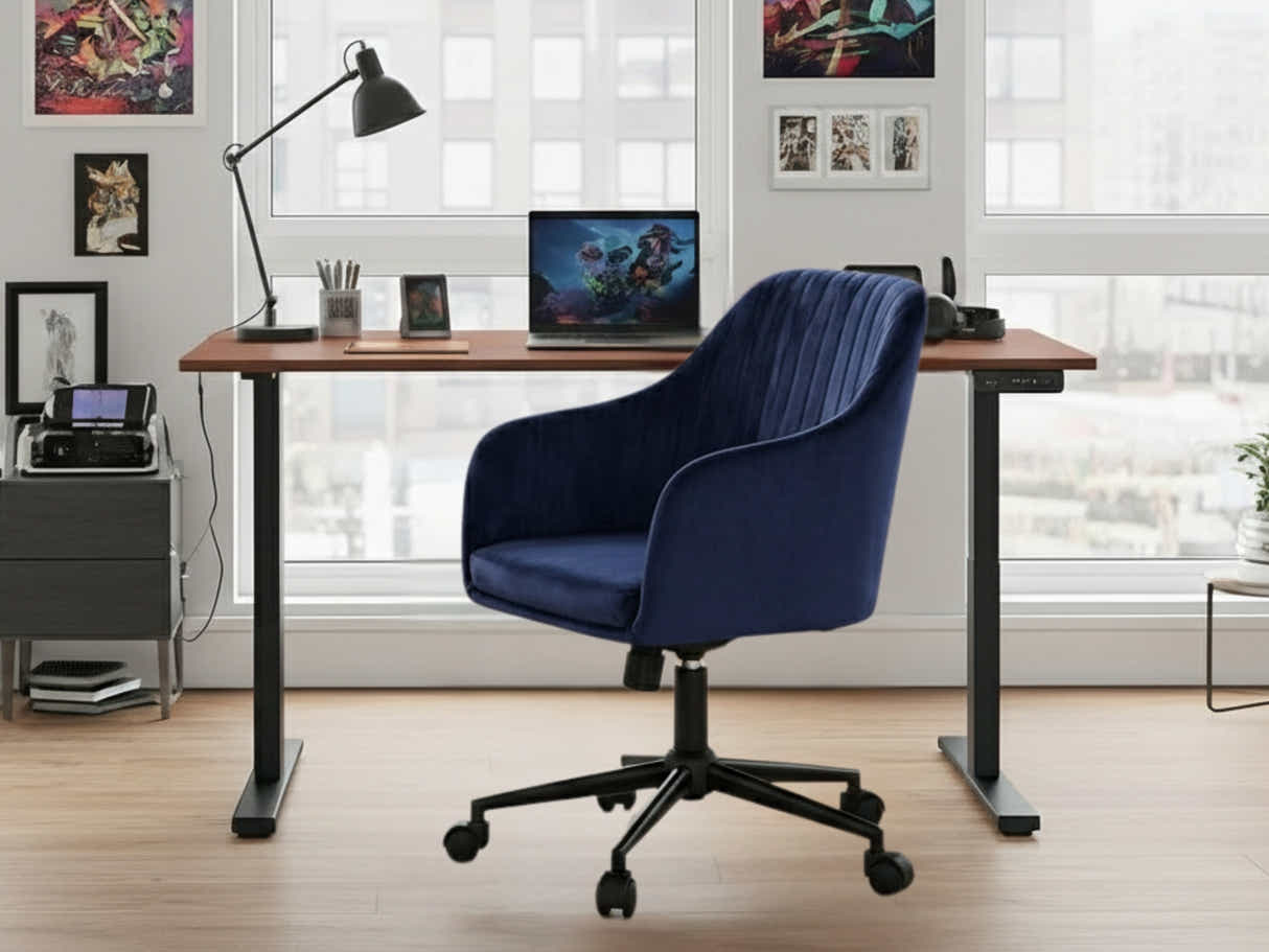 Height Adjustable Desk Set LK walnut Black & Lilac Office Chair Velvet Blue