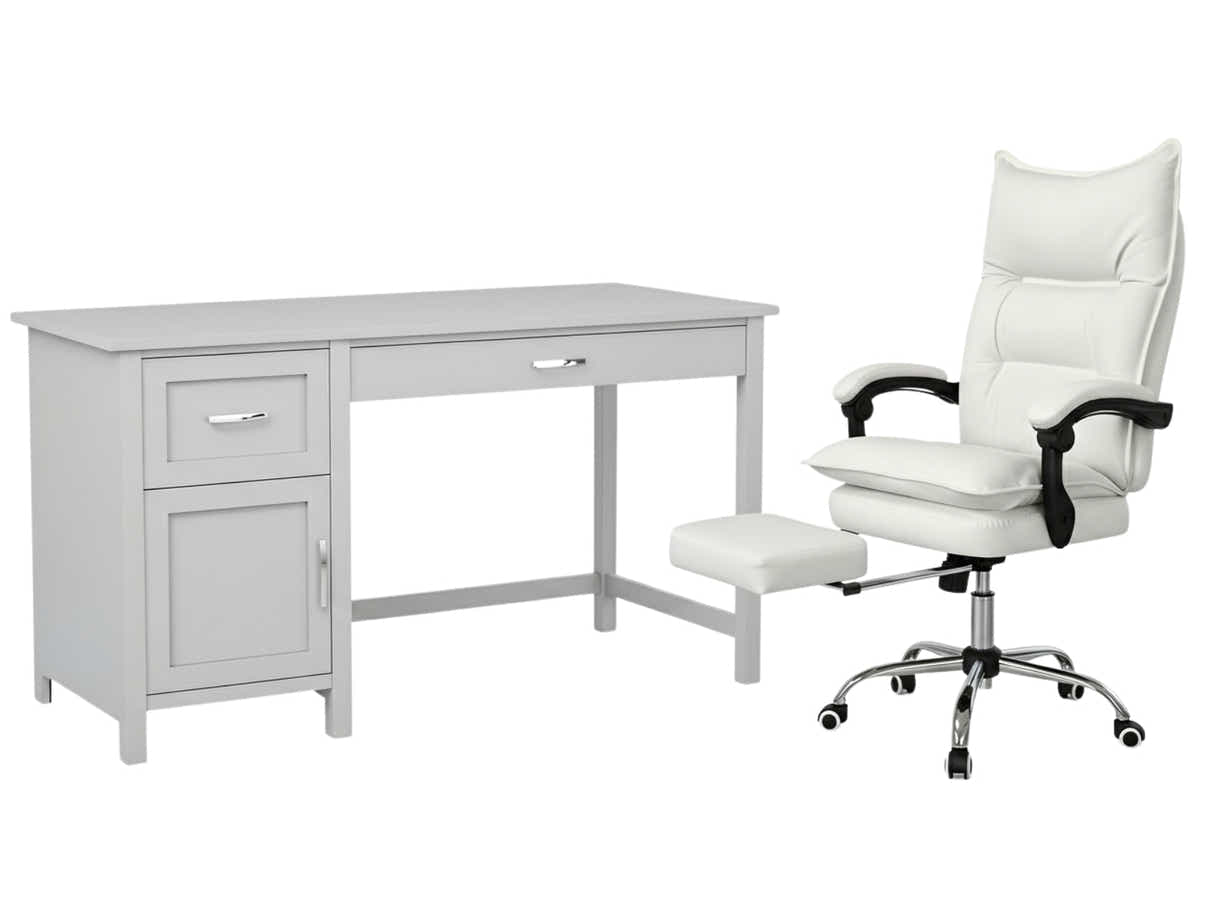 Home Office Desk with Storage Grey & New Markus Office Chair with Footrest PU White