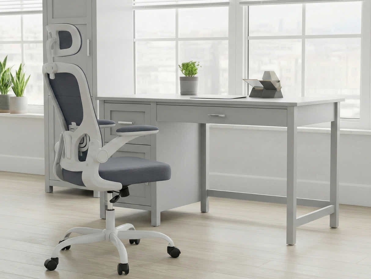 Home Office Desk with Storage Grey & Molina Mesh Task Chair White+Grey