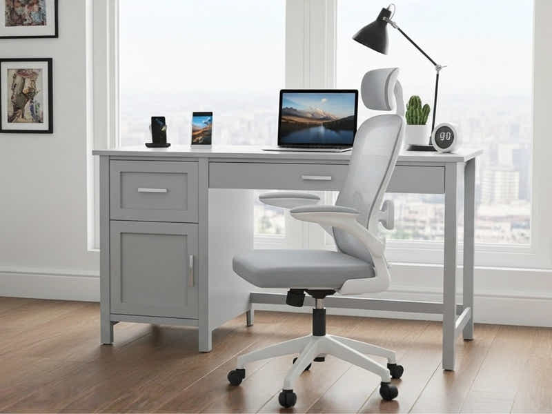 Home Office Desk with Storage Grey & Ergo Office Chair 094 grey and white (Combo)