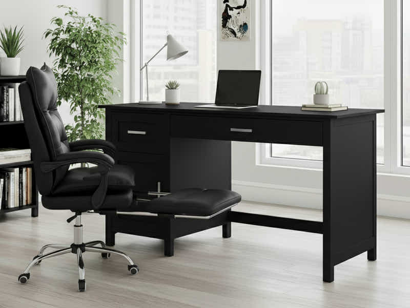 Home Office Desk with Storage Black & New Markus Office Chair with Footrest PU Black (Combo)