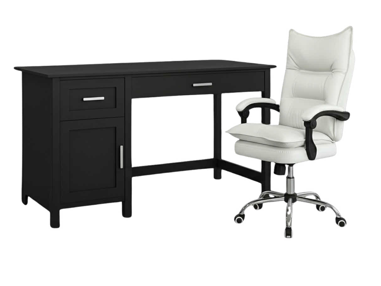 Home Office Desk with Storage Black & New Markus Office Chair with Footrest PU White