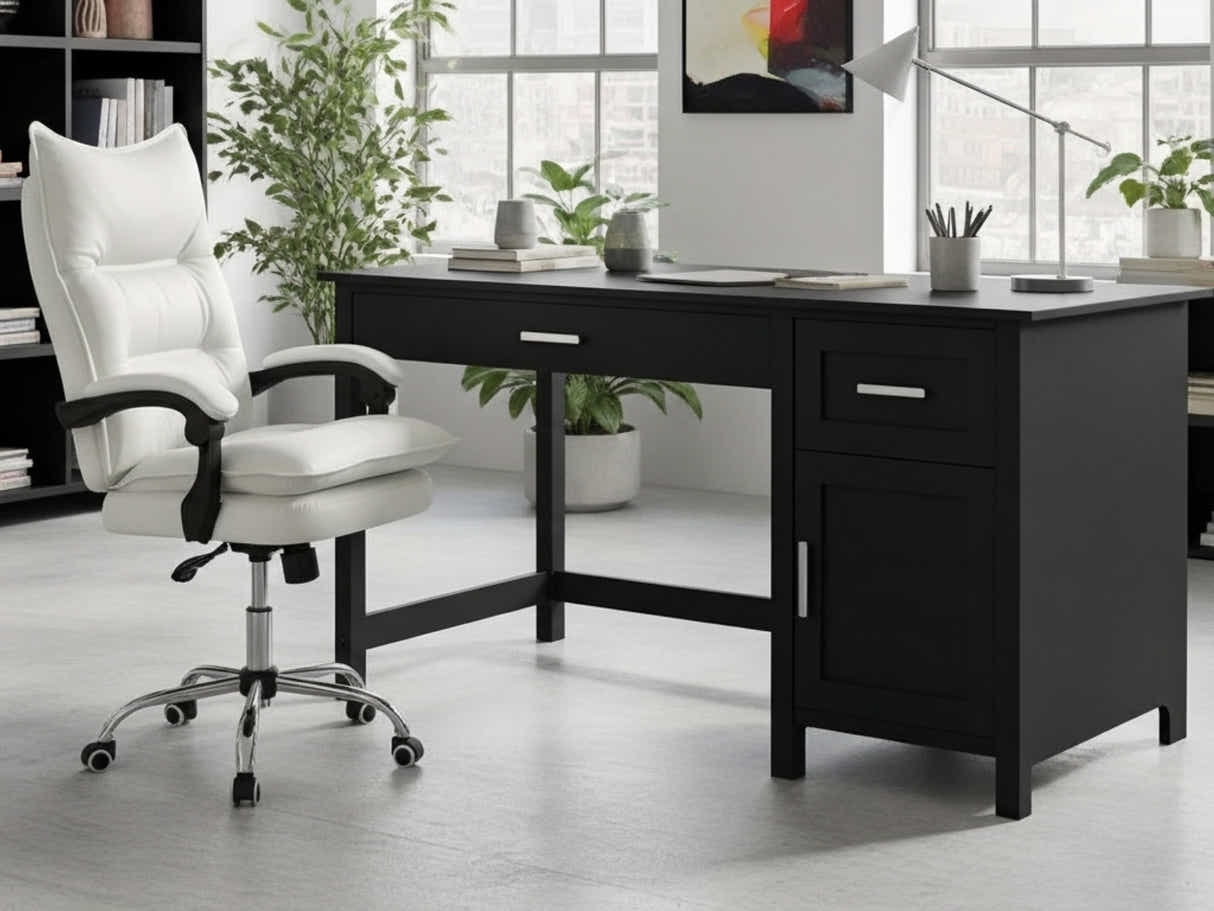 Home Office Desk with Storage Black & New Markus Office Chair with Footrest PU White