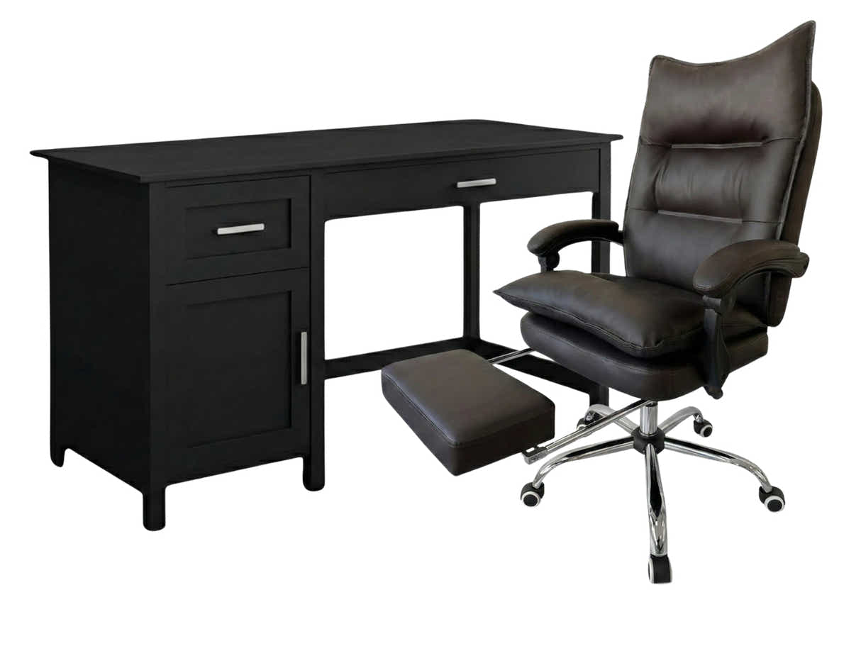 Home Office Desk with Storage Black & New Markus Office Chair with Footrest PU Coffee